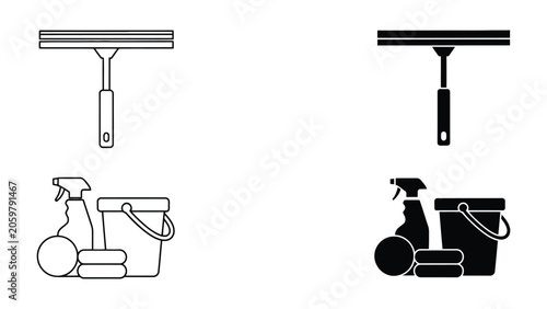 Window cleaning tools vector icons with squeegee bucket and spray bottle for professional house cleaning services