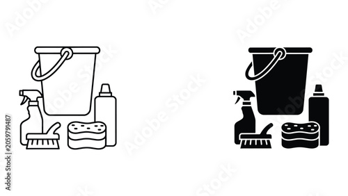 Cleaning supplies vector icons set with bucket spray bottle sponge and brush for household and professional cleaning services