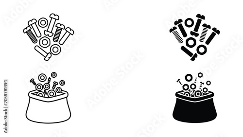 Hardware fasteners and bolts collection with storage bag icons in outline and solid black glyph vector style for construction and workshop inventory management visual assets
