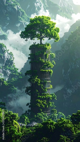 A towering tree grows atop an ancient stone structure