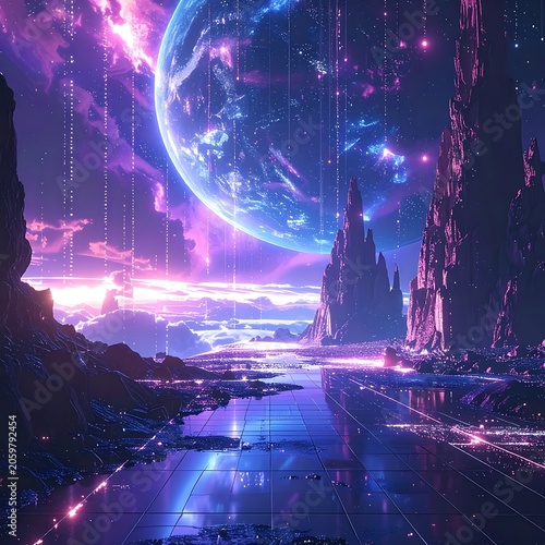 A vibrant, otherworldly landscape with a large planet
