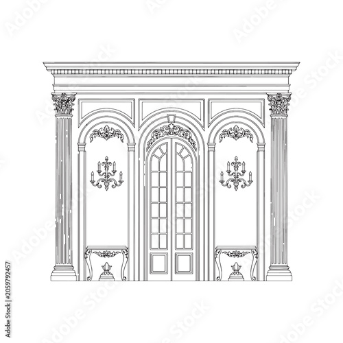 Tableau sur toile Classic interior wall elevation line art with columns arched windows and vintage