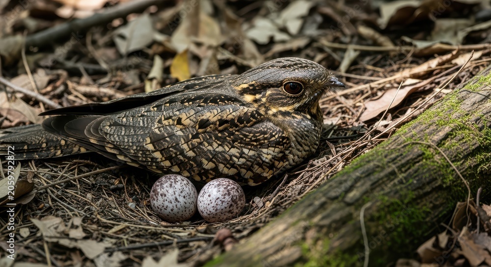 Fototapeta premium Camouflaged Nightjar Bird Nesting on Forest Floor with Two Speckled Eggs in Natural Habitat
