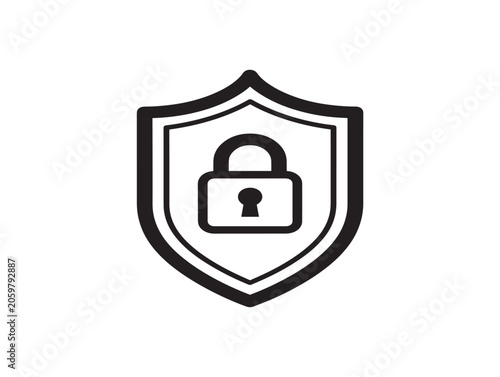 Digital Security Shield Icon with Lock Symbol in Flat Line Art Style