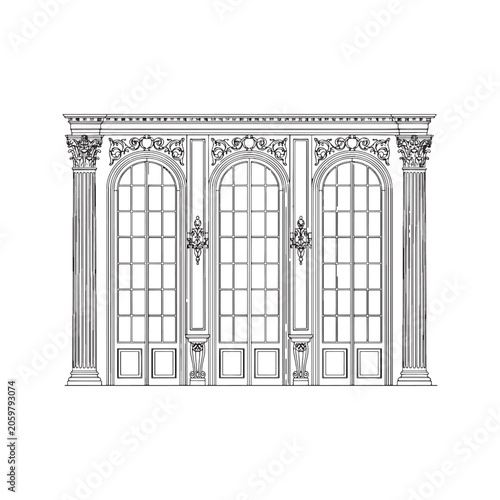 Εκτύπωση καμβά Classic interior wall elevation line art with columns arched windows and vintage
