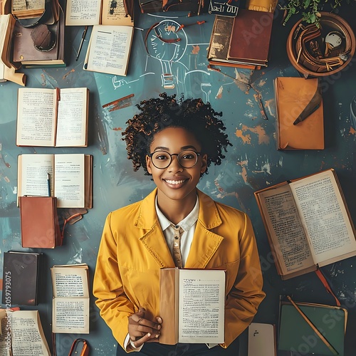 A woman in a yellow blazer holds a book amidst scattered books and papers