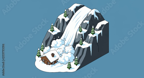 Canvastavla An avalanche cascades down a snow-covered mountain, burying a small wooden cabin