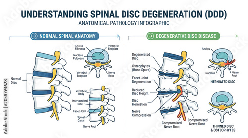 Cuadro en lienzo Spinal disc degeneration and normal anatomy pathology infographic