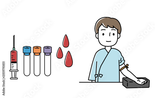 検査着を着て採血をする男性のイラスト