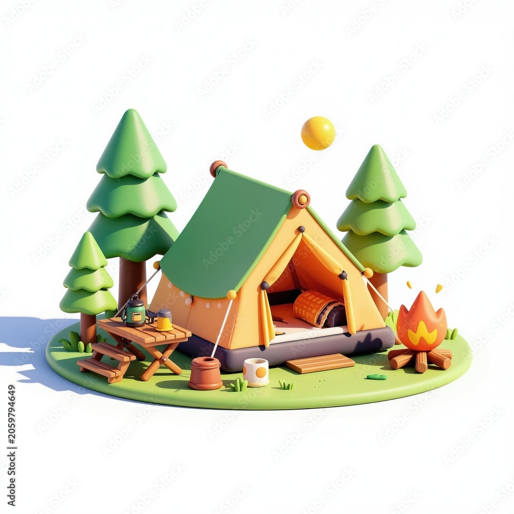 Fototapeta premium Tent and campfire scene with trees and picnic table. Outdoor camping setup offers adventure and relaxation. Sunny day for a family trip or solo journey in nature.