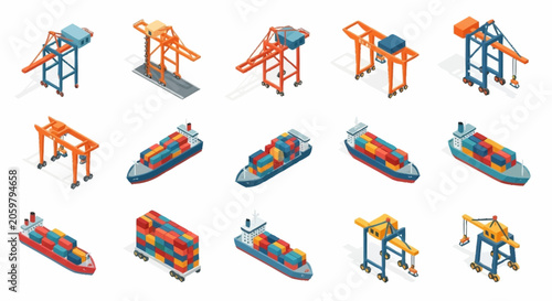Foto Collection of isometric container ships and gantry cranes for cargo transportation and logistics