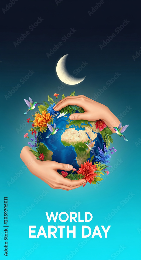 Fototapeta premium Hands cradle a vibrant Earth adorned with flowers and hummingbirds under a crescent moon, symbolizing global care and ecological harmony for Earth Day