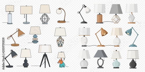 Foto Collection of various modern and classic table lamps, desk lamps, and bedside lights, showcasing diverse designs and styles for home interior decoration