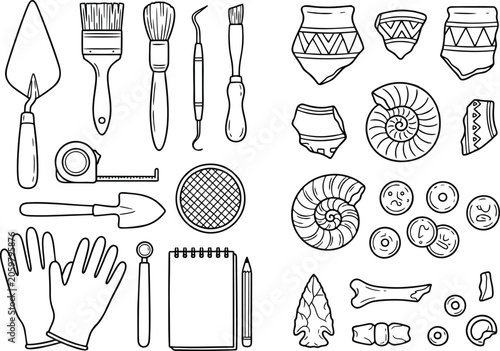 Comprehensive collection of essential archaeological tools and ancient artifacts for historical research and scientific discovery, illustrating the process of excavation