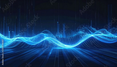 Abstract Blue Waveform Sound Visualization with Digital Grid.