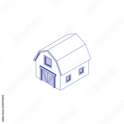 Isometric barn house with sliding doors and gabled roof