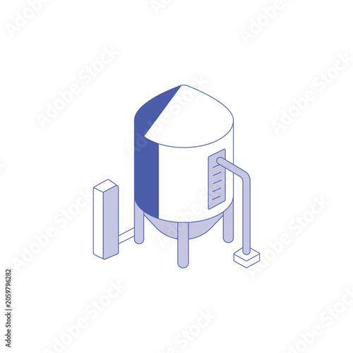 Isometric industrial grain silo storage tank in blue and white