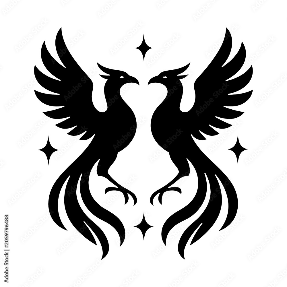 Fototapeta premium PNG Elegant mirrored phoenix silhouette design.