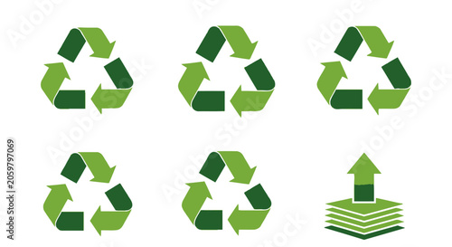 Several green recycling symbols and an upward arrow on a white background are shown