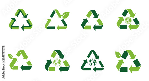 Various green recycling symbols with leaves and a globe on a white background