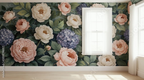 Large floral mural with peonies and hydrangeas on dark green background. Soft pink white flowers and blue blossoms create romantic wall decor. Sunlight streams through white curtains.