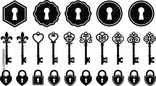Vintage key and padlock black silhouette icon set featuring ornate antique keys heart shaped padlocks and keyholes