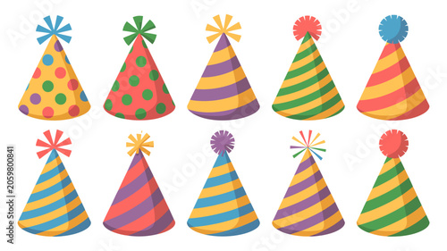 Colorful birthday party hats with confetti celebration icons