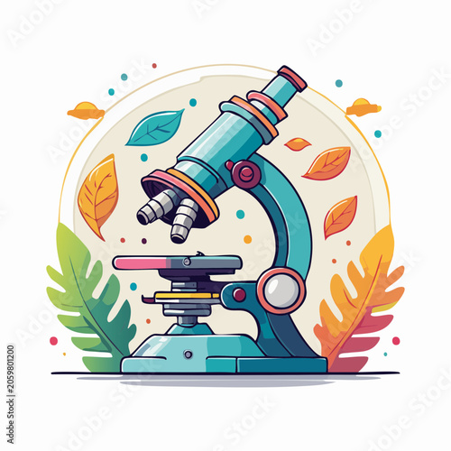 Cartoon Microscope with Autumn Leaves and Bubbles