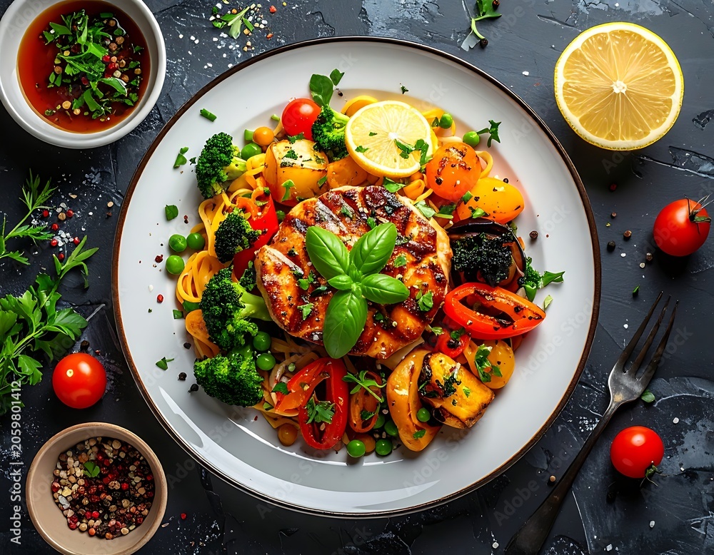 Fototapeta premium A plate of grilled chicken and vegetables with herbs