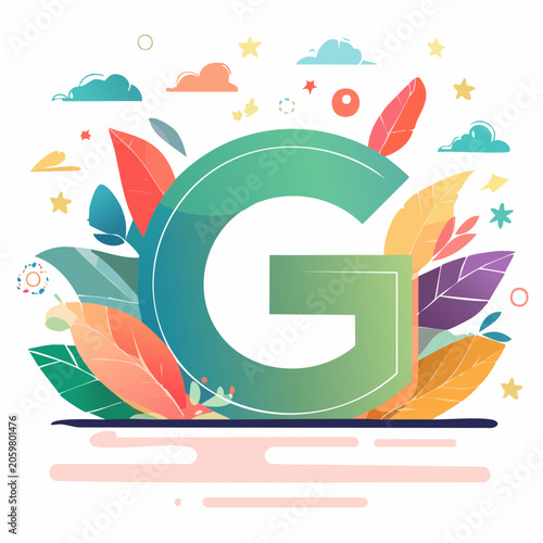 Letter G surrounded by colorful leaves and abstract shapes