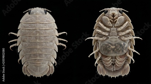 Dorsal and ventral morphological views of marine tongue eating louse on dark background