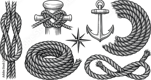 Vintage nautical rope and anchor vector set featuring hand drawn engraving style marine knots cleat and compass star symbols