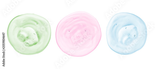 Transparent cosmetic gel or face serum product in different colours, isolated on transparent background. PNG image.
