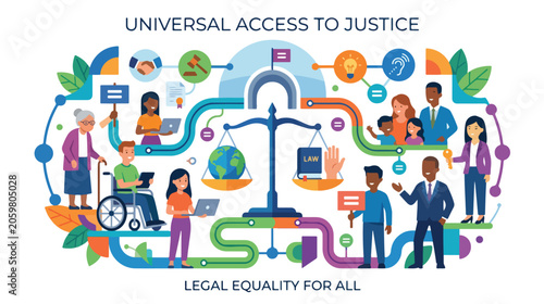 Vibrant illustration of diverse people promoting universal access to justice and legal equality for all on International Justice Day with colorful graphics and symbols