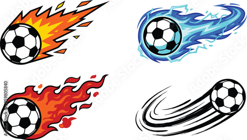 Bild auf Leinwand Flaming soccer ball vector clip art set featuring burning fire trails blue light