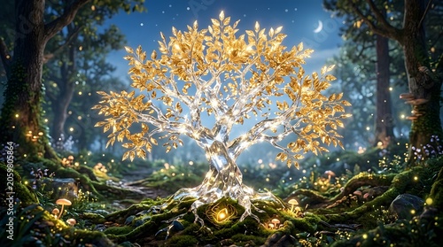 Enchanted Glowing Tree in a Magical Forest Fantasy and Wonder Concept