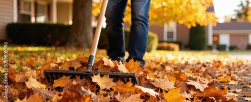 Man rakes fallen autumn leaves near cozy house. Selective focus highlights colorful foliage. Yard work activity on crisp fall day. Home maintenance task seasonal cleanup.