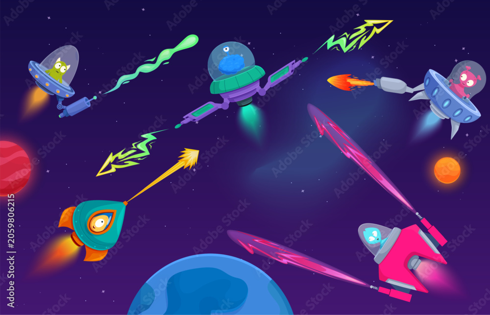 Naklejka premium Alien space battle. Funny cartoon aliens in spacecrafts with laser weapons. Game scene, universe travellers and citizens war, sapid vector scene
