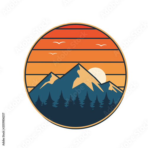 Retro mountain landscape with sunset circle design for nature adventure