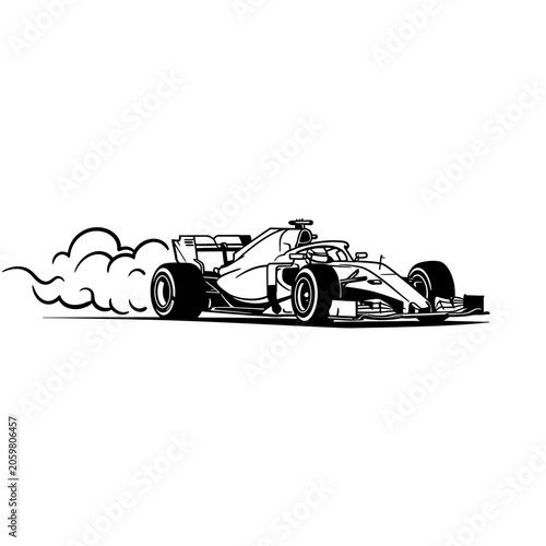 Black and white illustration of a racing car accelerating with smoke