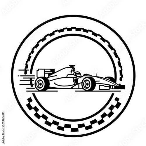 Formula racing car icon inside a checkered circular frame design