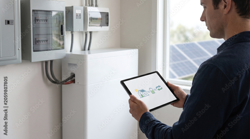 Fototapeta premium Homeowner managing household energy trading with battery storage and mobile control, monitoring solar power generation and grid distribution.
