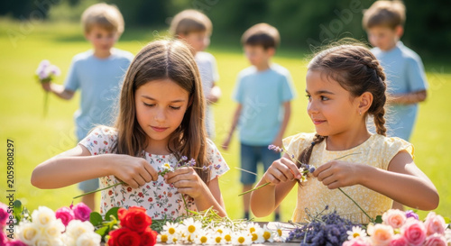 Two girls weaving flower garlands with children in background outdoors  