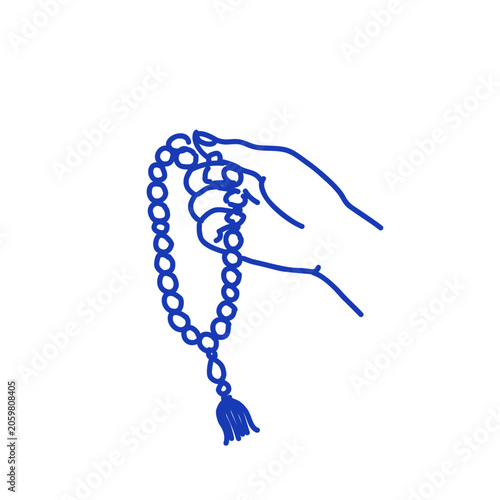 Minimalist blue line art depicting hand holding prayer beads with tassel on white background