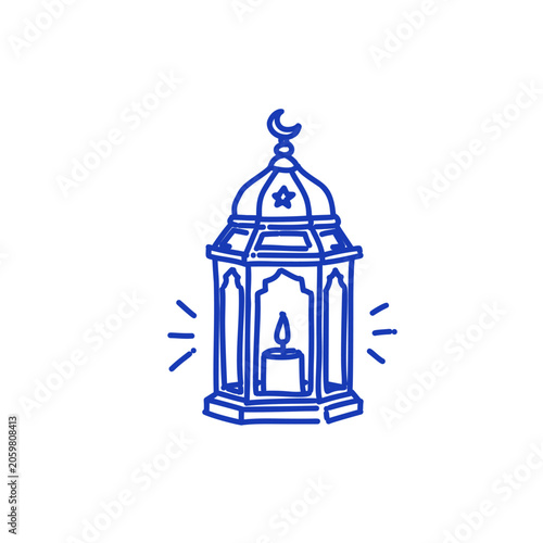 Traditional islamic lantern with crescent moon and candle illustration
