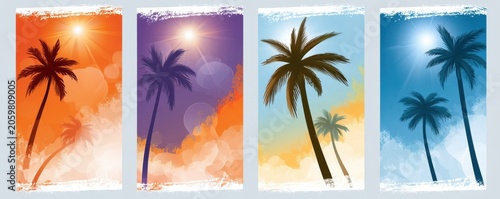 Colorful tropical palm silhouettes summer banners with sunset and sunrise beach backgrounds
