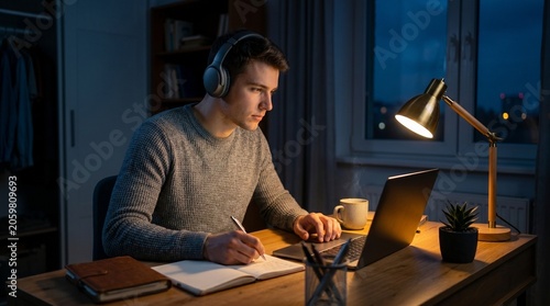 Young adult studying late at night with headphones, looking at computer screen in a cozy room, distance learning stock photo.