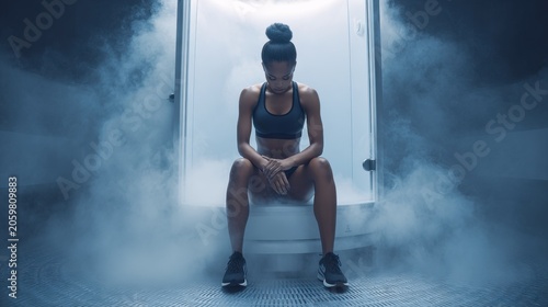 Woman sitting in cryotherapy chamber surrounded by mist, recovering from workout. Athletic woman sits inside modern cryotherapy chamber, enveloped in cool, misty atmosphere after strenuous exercise