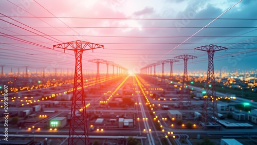 Electricity pylons stretch across a sprawling industrial landscape at sunset, emphasizing the power distribution network.