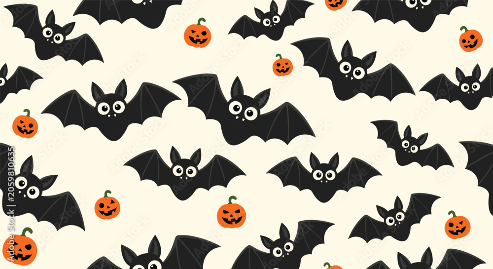 Fototapeta premium Cheerful halloween seamless pattern featuring cute black bats flying among small orange jack o lantern pumpkins.